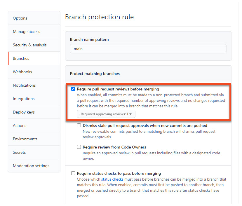 The Branch protection rule page on GitHub