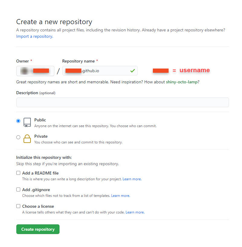 GitHub page for creating a new repository