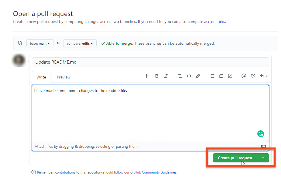 Open a pull request page on GitHub
