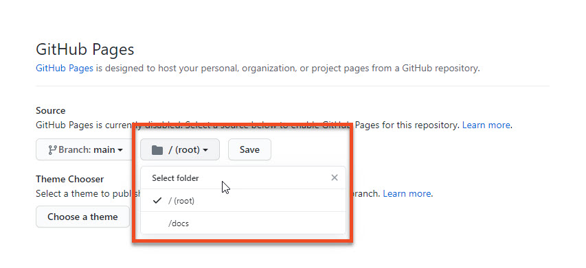 GitHub Pages settings