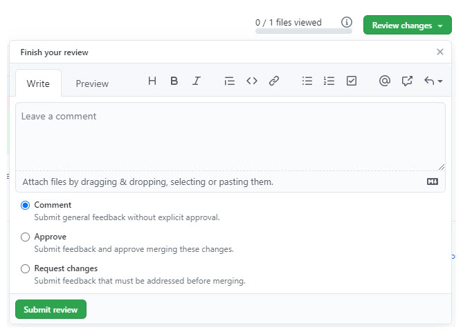 The Review changes menu on GitHub